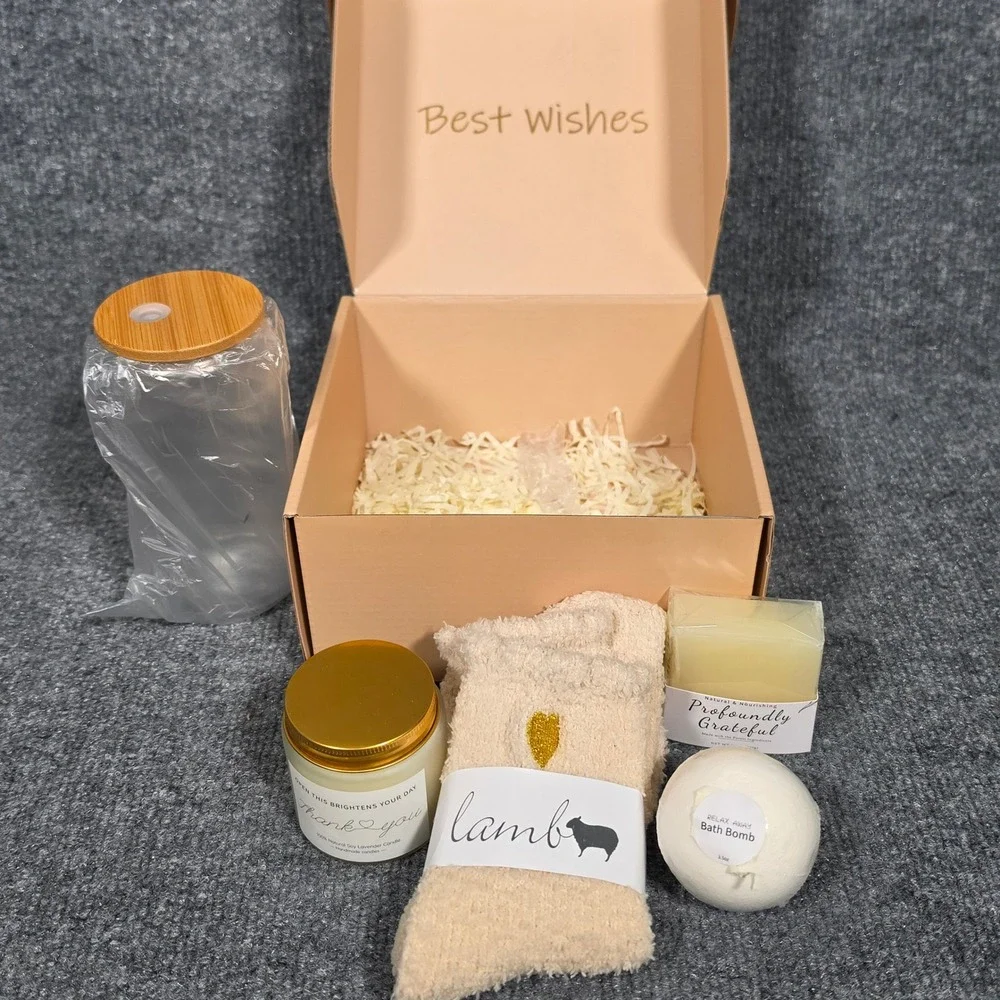 Sunflower‎ Spa Gift Set Lavender Candle Fuzzy Socks Glass Tumbler Bath Bomb Soap